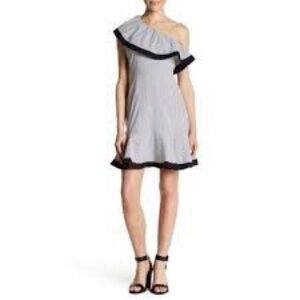 Lucy Paris Gray and White One Shoulder Ruffled Fit and Flare Dress